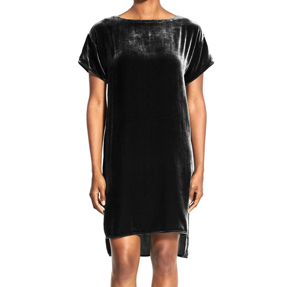 Black Velvet Bateau Neck High Low Shift Dress M